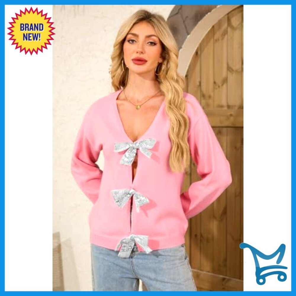 Oversized Knit Cardigan Open Front Sequin Bow V-Neck Reversible Chic Fall - Picture 5 of 7